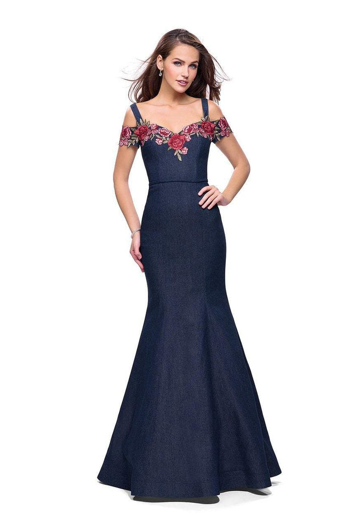 La Femme - 25753 Cold Shoulder Floral Denim Trumpet Gown Evening Dresses 00 / Dark Wash