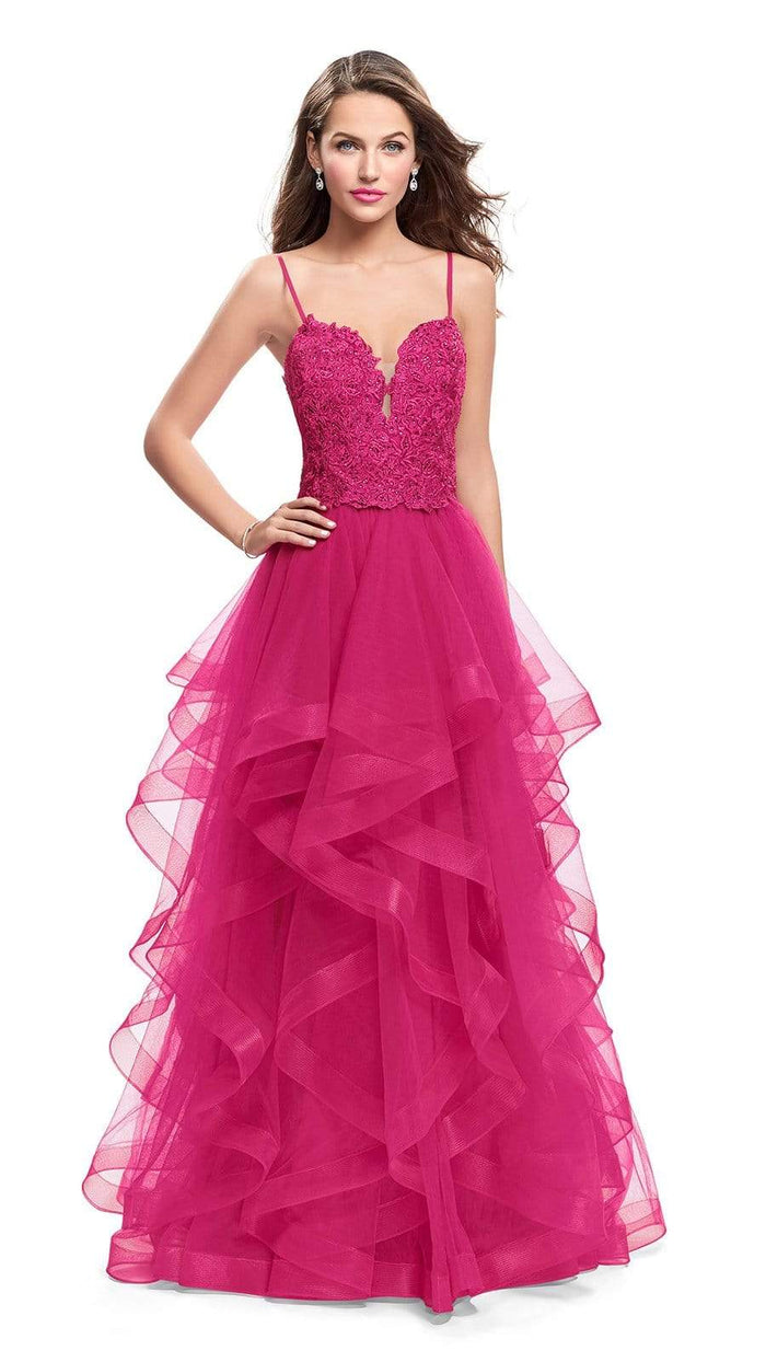 La Femme - 25857 Beaded Lace Deep Sweetheart A-line Dress Special Occasion Dress 00 / Hot Fuchsia