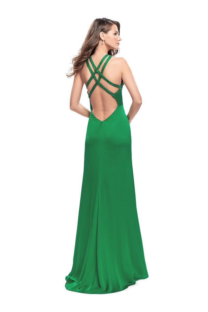 La Femme - 25906 Bead Trimmed High Halter Sheath Satin Gown  Couture Candy