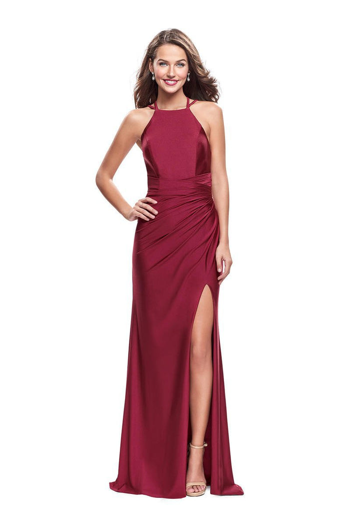 La Femme - 26141 High Halter Draped Jersey Sheath Gown Special Occasion Dress 00 / Burgundy