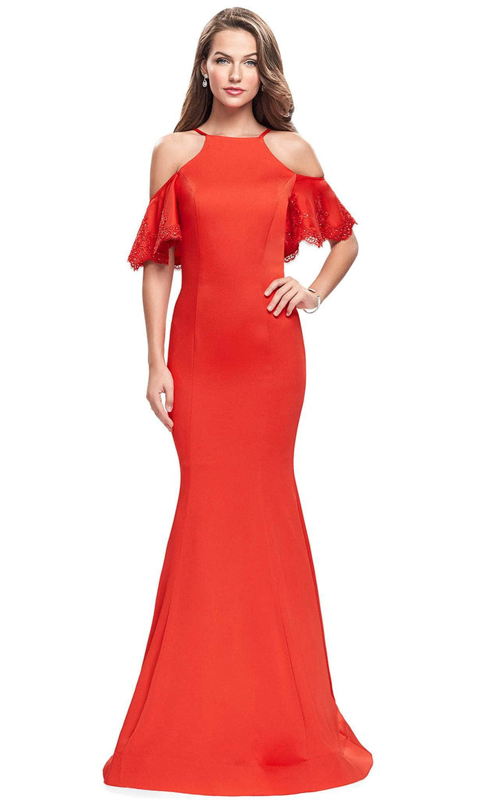 La Femme - 26145 Lace Trimmed High Halter Satin Mermaid Gown Formal Gowns 0 / Poppy Red