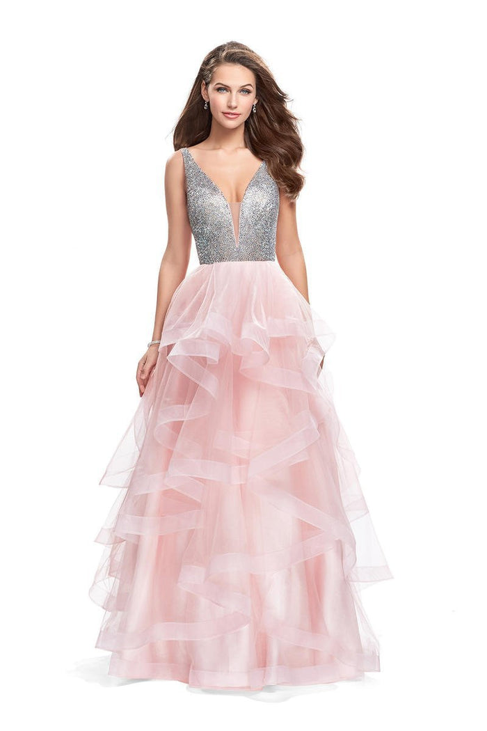 La Femme - 26223 Metallic Beaded Plunging Bodice Tulle Ballgown Special Occasion Dress 00 / Blush
