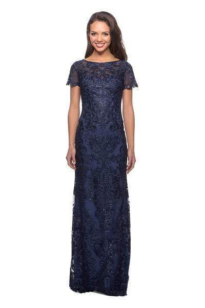 La Femme - 26405 Short Sleeve Jewel-Adorned Lace Sheath Gown Mother of the Bride Dresses 0 / Navy