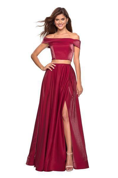 La Femme - 26919 Two-Piece Sleek Off Shoulder High Slit Gown Special Occasion Dress 00 / Garnet