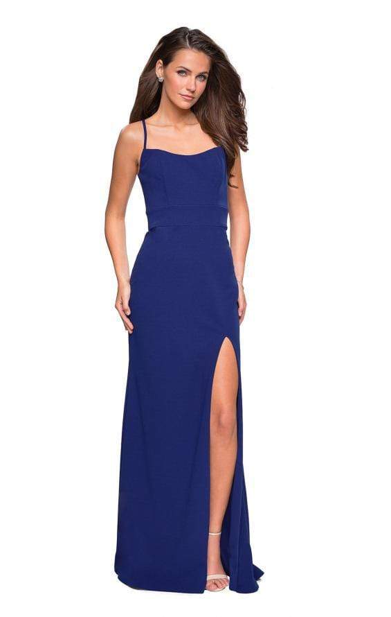 La Femme - 26940 Crisscrossed Lace Up Back High Slit Gown Special Occasion Dress 00 / Sapphire Blue