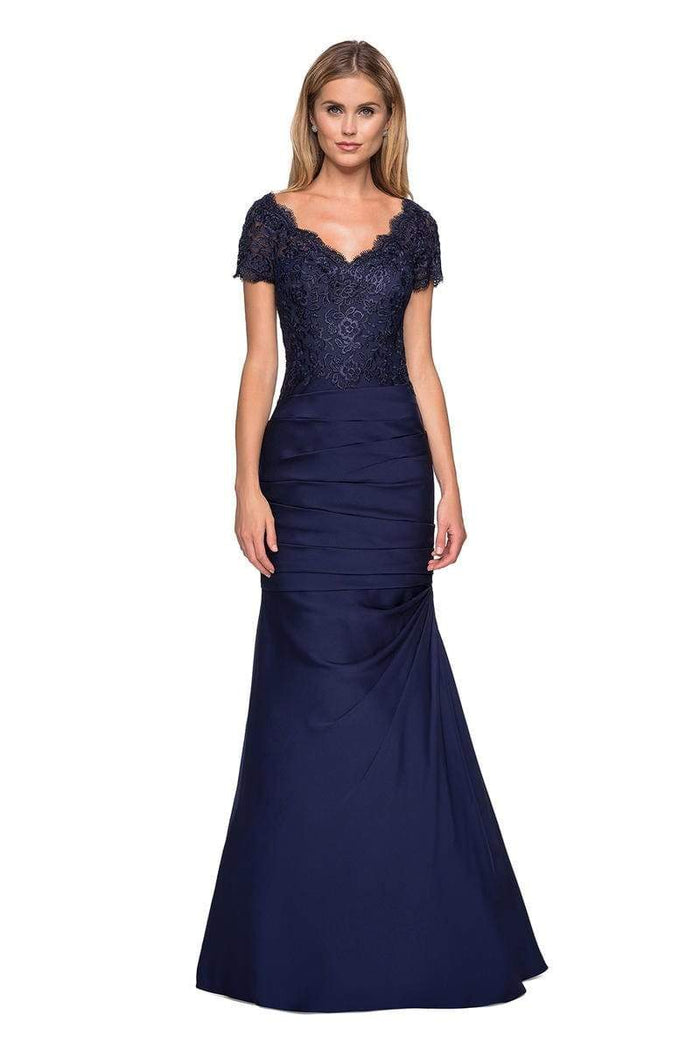 La Femme - 26979 Short Sleeve Lace Bodice Pleated Trumpet Gown Special Occasion Dress 4 / Navy