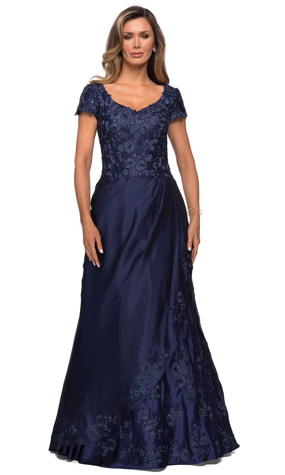Cocoa La Femme - 27033 Floral Ornate Satin Overlay Gown | Long A-Line Dress Cocoa La Femme - 27033 Floral Ornate Satin Overlay Gown | Long A-Line Dress