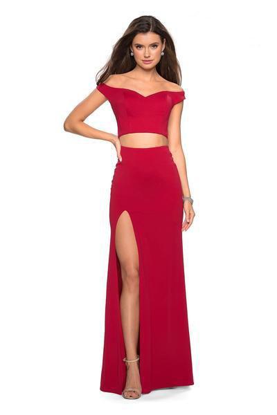 La Femme - 27496 Two Piece Off shoulder Gown with Slit Special Occasion Dress 00 / Deep Red