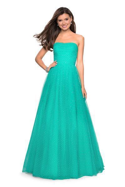 La Femme - 27630 Strapless Ruched Bodice Rhinestone Beaded Tulle Gown Special Occasion Dress 00 / Aquamarine