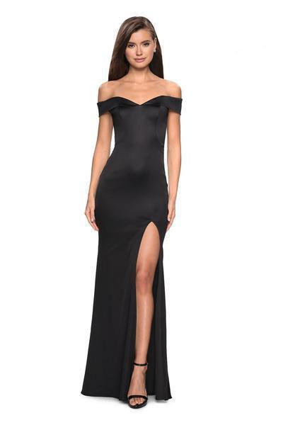 La Femme - 27752 Off Shoulder High Slit Long Fitted Satin Dress Couture Candy La Femme - 27752 Off Shoulder High Slit Long Fitted Satin Dress Couture Candy