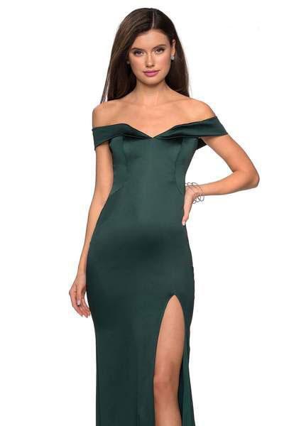 La Femme - 27752 Off Shoulder High Slit Long Fitted Satin Dress Couture Candy La Femme - 27752 Off Shoulder High Slit Long Fitted Satin Dress Couture Candy