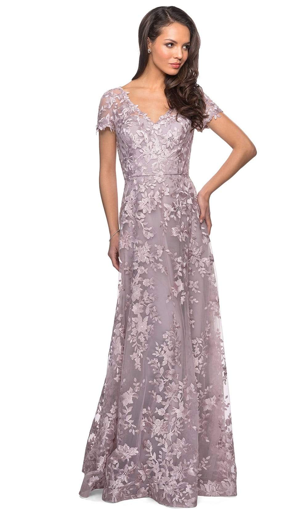 Antique Blush La Femme - 27870 Floral Lace Short Sleeve A-Line Dress | Long A-Line Dress Antique Blush La Femme - 27870 Floral Lace Short Sleeve A-Line Dress | Long A-Line Dress
