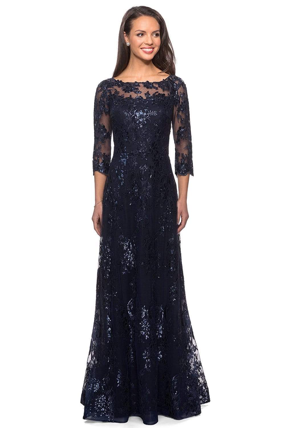La Femme - 27885 Lace Quarter Length Sleeve Bateau A-line Dress 2 / Navy - Shop La Femme dresses on Couture Candy at CoutureCandy.com La Femme - 27885 Lace Quarter Length Sleeve Bateau A-line Dress 2 / Navy - Shop La Femme dresses on Couture Candy at CoutureCandy.com