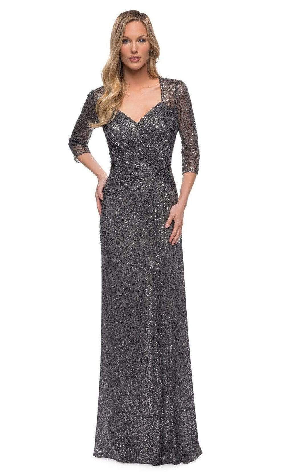 sequin metal v neck dress Gunmetal Embellished V Neck Formal Dress 37206