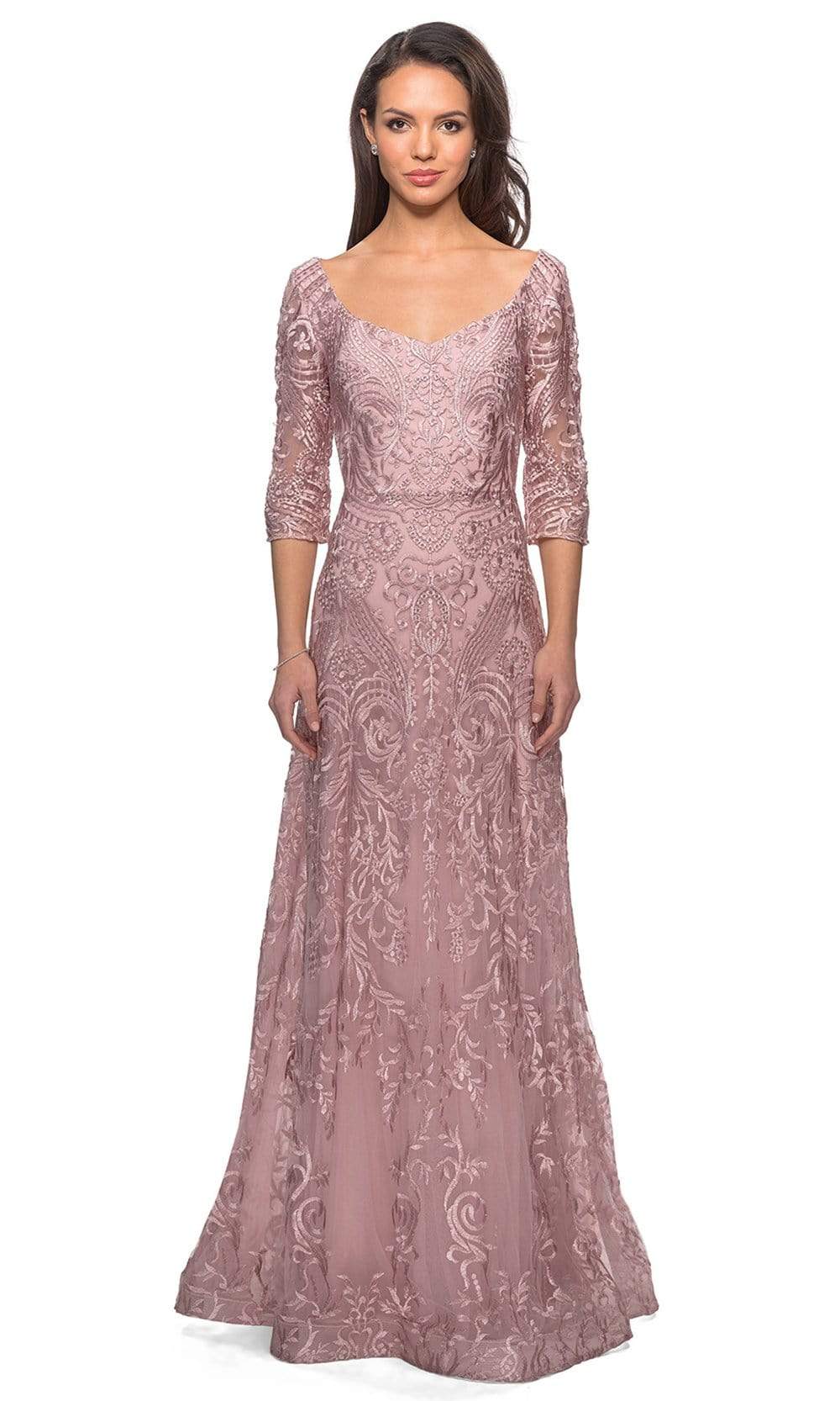 La Femme - 27949 Embroidered Lace Overlay A-Line Gown 8 / Mauve - Shop La Femme dresses on Couture Candy at CoutureCandy.com La Femme - 27949 Embroidered Lace Overlay A-Line Gown 8 / Mauve - Shop La Femme dresses on Couture Candy at CoutureCandy.com