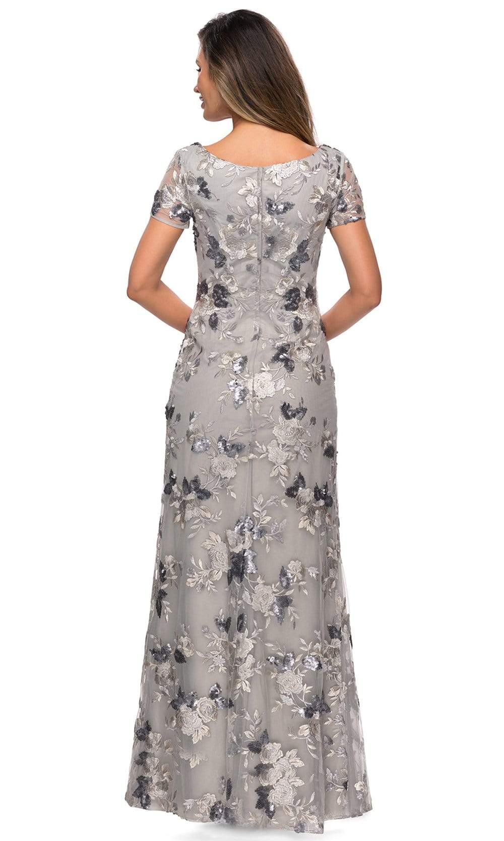 Silver La Femme - 27991 Short Sleeve Sequined Rosette Long Dress | Long Sheath Dress Silver La Femme - 27991 Short Sleeve Sequined Rosette Long Dress | Long Sheath Dress