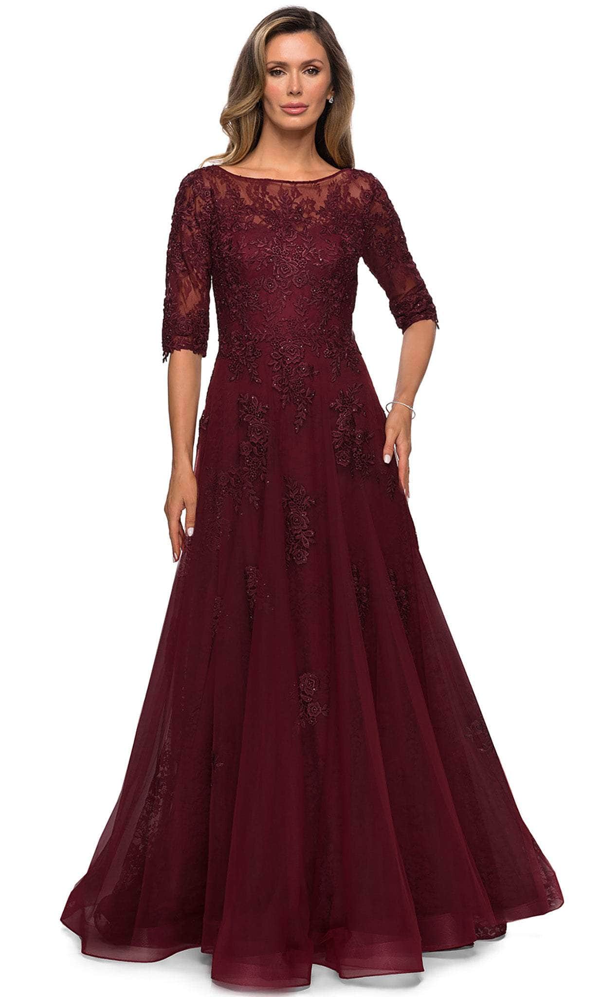 La Femme Floral Lace & Tulle Gown in Cocoa La Femme Floral Lace & Tulle Gown in Cocoa