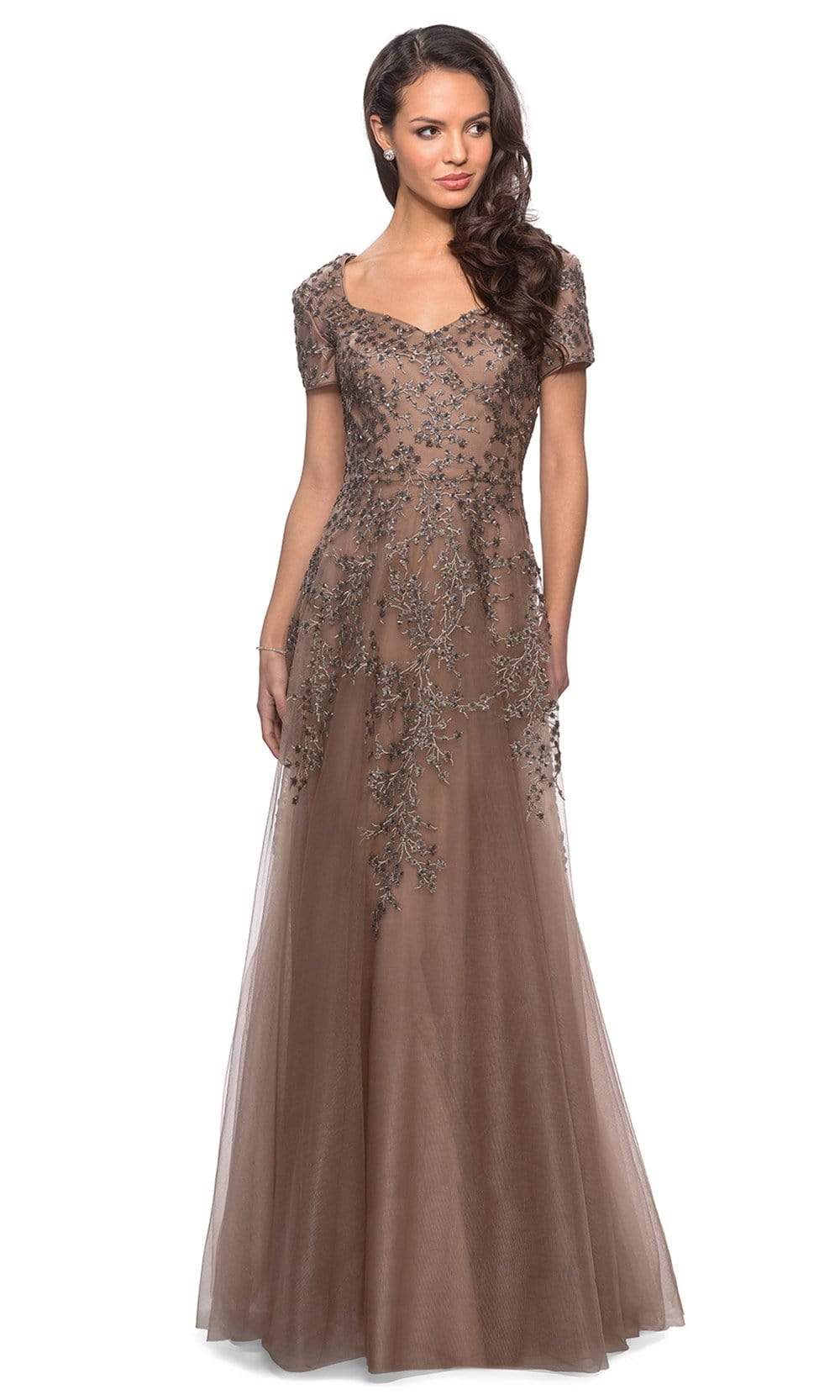 La Femme - 28037 Short Sleeve Beaded Appliqued Lace Dress 4 / Cocoa - Shop La Femme Dresses On Couture Candy at CoutureCandy.com La Femme - 28037 Short Sleeve Beaded Appliqued Lace Dress 4 / Cocoa - Shop La Femme Dresses On Couture Candy at CoutureCandy.com
