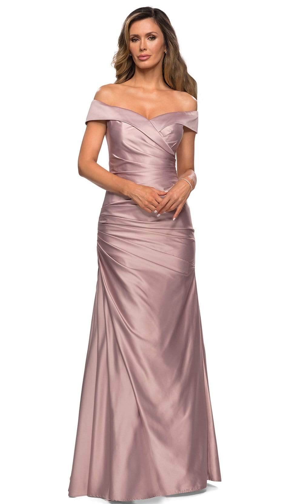 Champagne La Femme - 28103 Off-Shoulder Ruched Fitted Bodice Satin Evening Dress | Long A-Line Dress Champagne La Femme - 28103 Off-Shoulder Ruched Fitted Bodice Satin Evening Dress | Long A-Line Dress