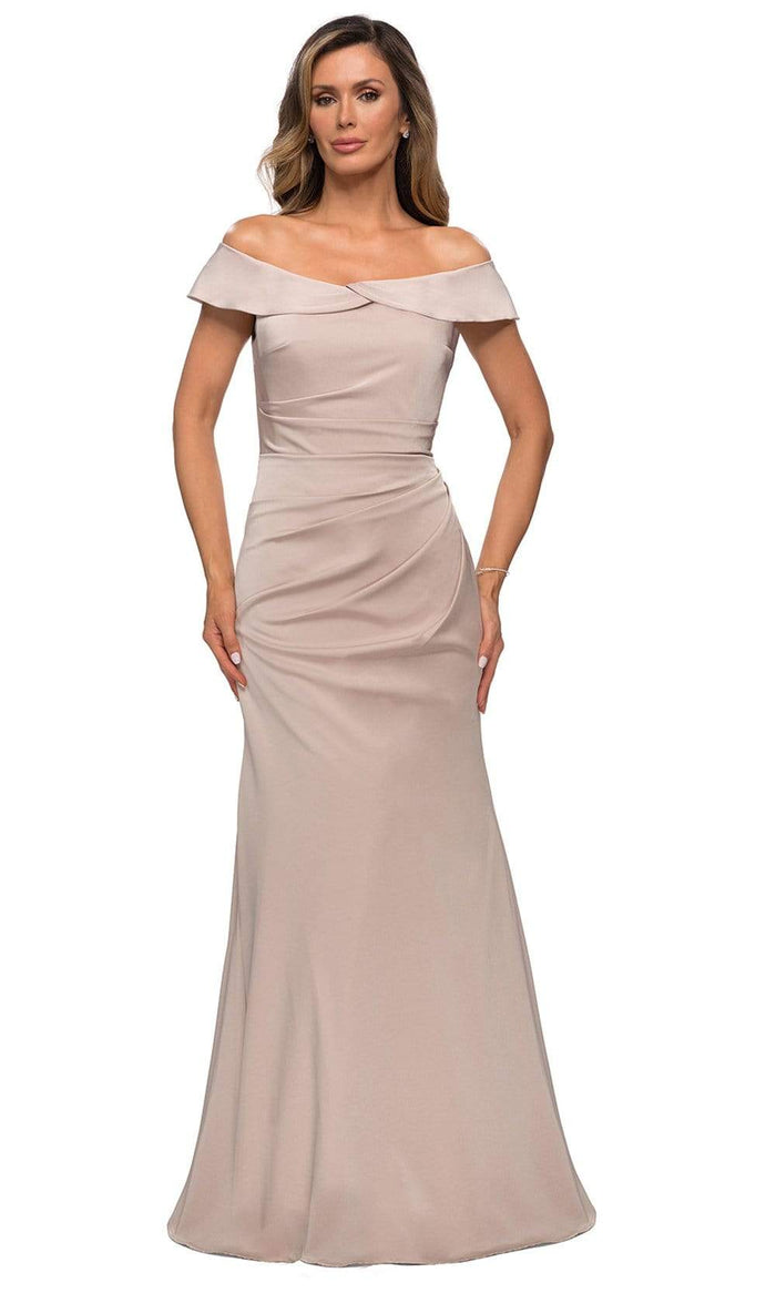 La Femme - 28110 Off Shoulder Ruche-Ornate Trumpet Dress Mother of the Bride Dresses 4 / Champagne
