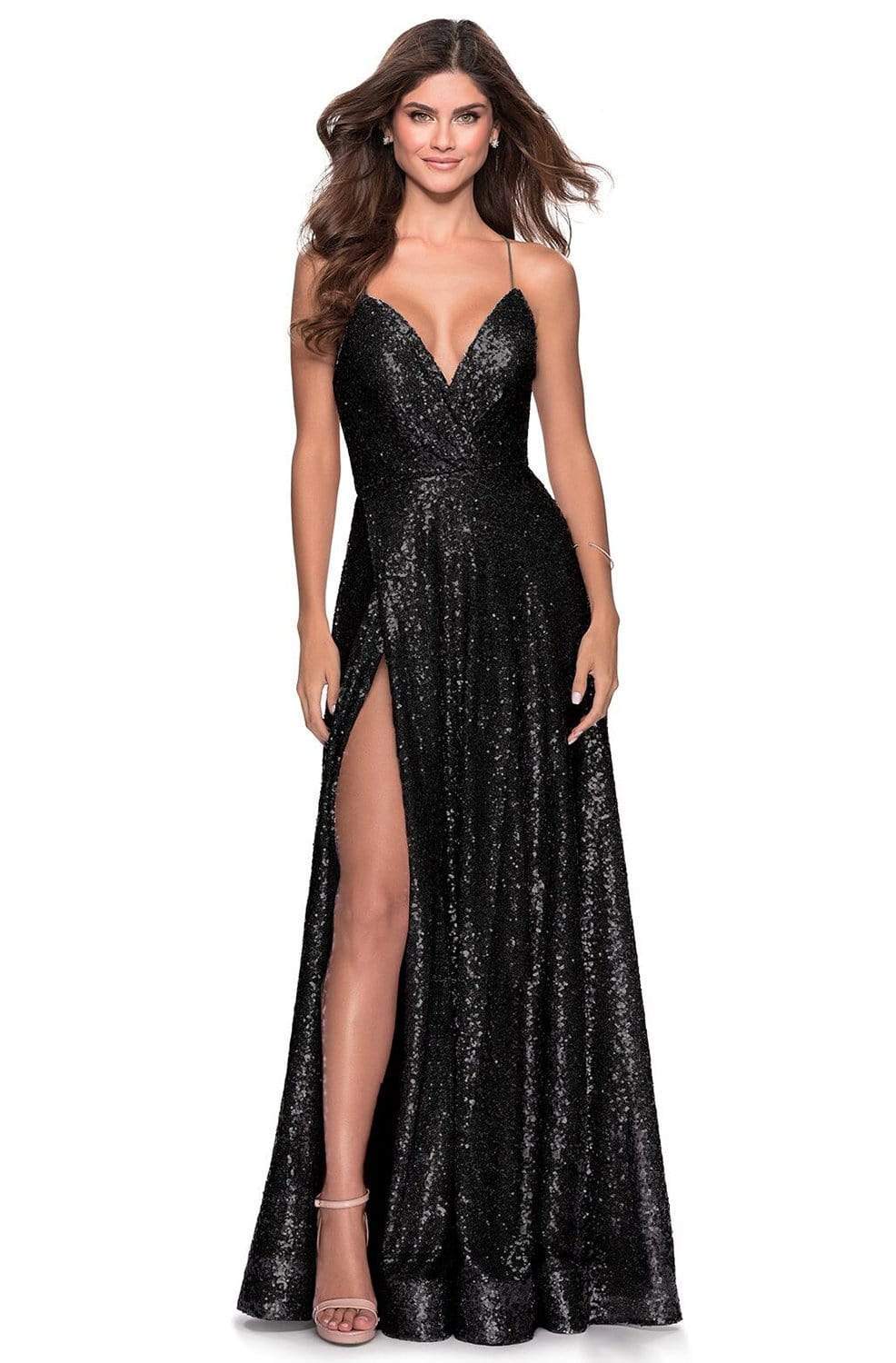 La Femme - 28276 Sequined Open Crisscross Back Dress with Slit Couture Candy La Femme - 28276 Sequined Open Crisscross Back Dress with Slit Couture Candy