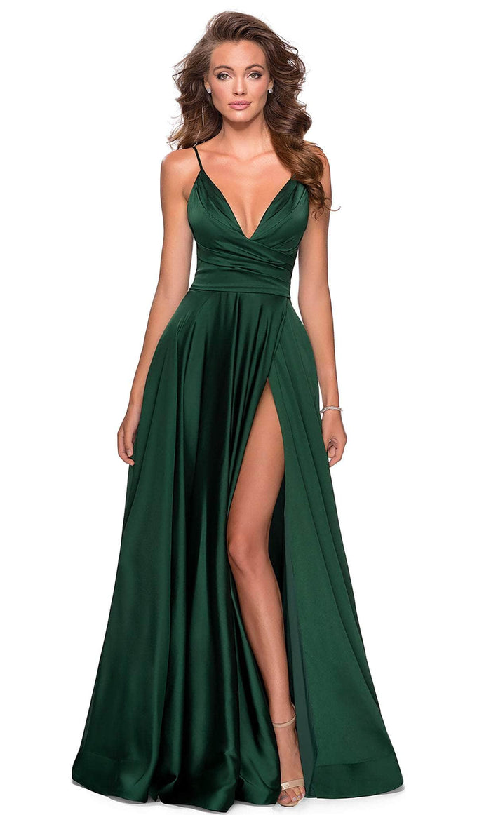 La Femme - 28607 Sleeveless Deep V Neck High Leg Slit A-Line Gown Prom Dresses 00 / Emerald