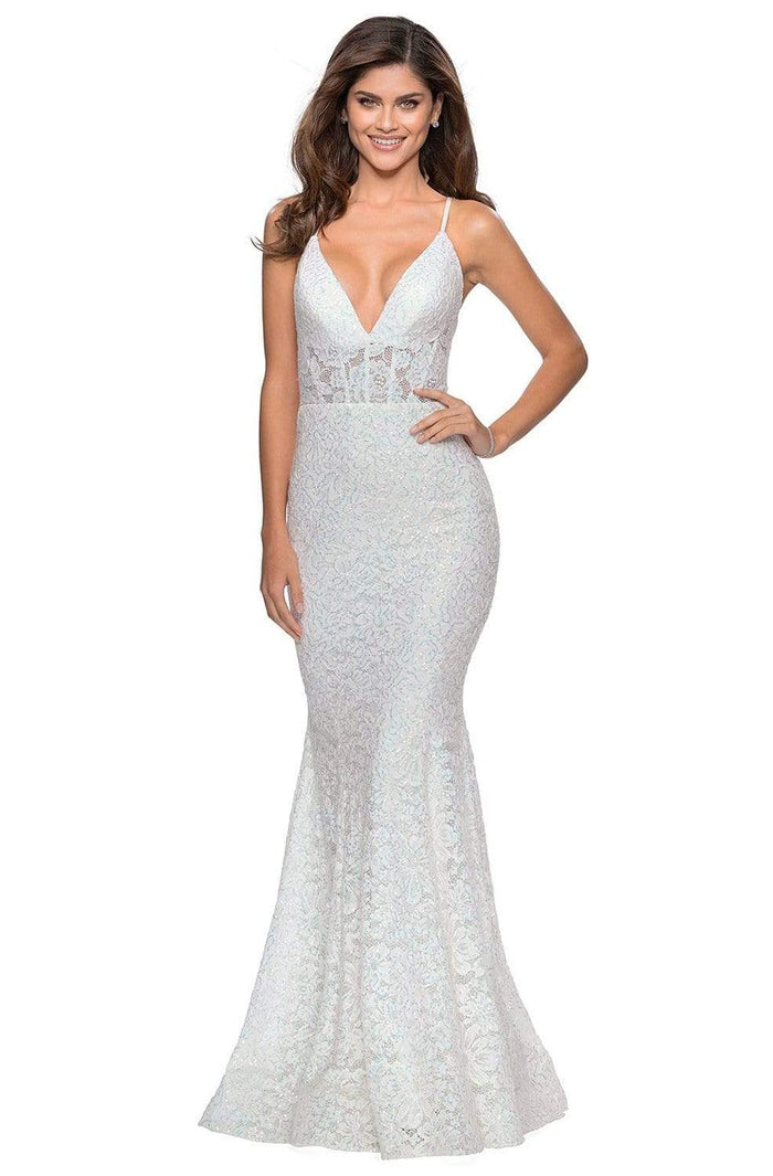 La Femme - 28647 Sequined Lace Corset Bodice Long Dress Prom Dresses 00 / White