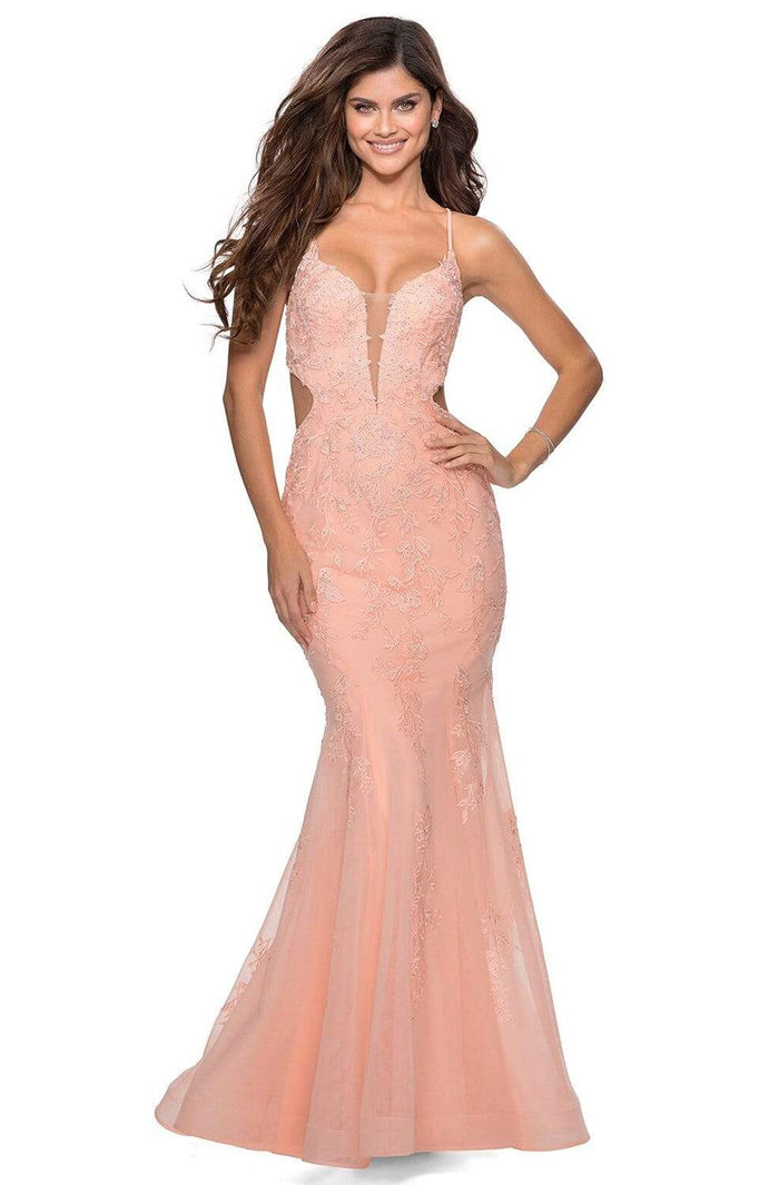 La Femme - 28768 Embroidered Deep V-neck Trumpet Dress Prom Dresses 00 / Peach