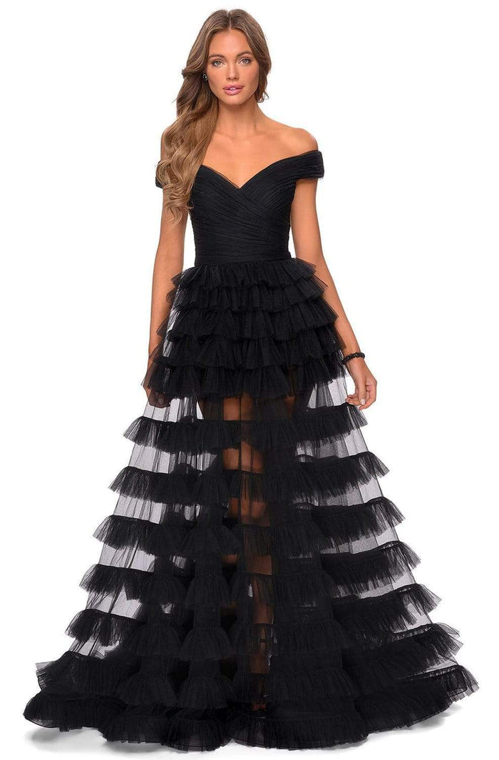 La Femme - 28804 Off-Shoulder Tiered Ruffle A-Line Dress Prom Dresses 00 / Black