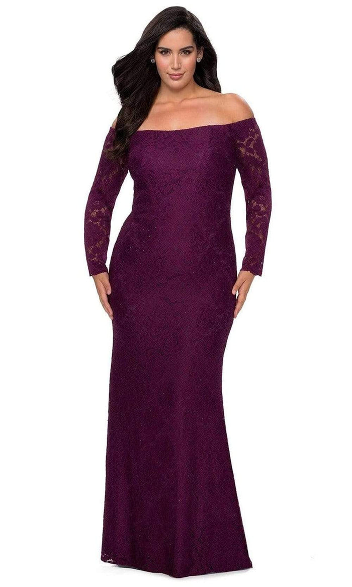La Femme - 28859 Lace Off-Shoulder Sheath Dress Evening Dresses 12W / Dark Berry