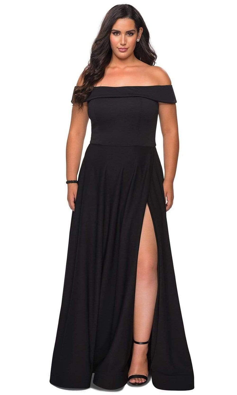 off the shoulder plus size formal dress La Femme - 29007 Off-Shoulder High Slit Modest Prom A-Line Gown 14W / Black
