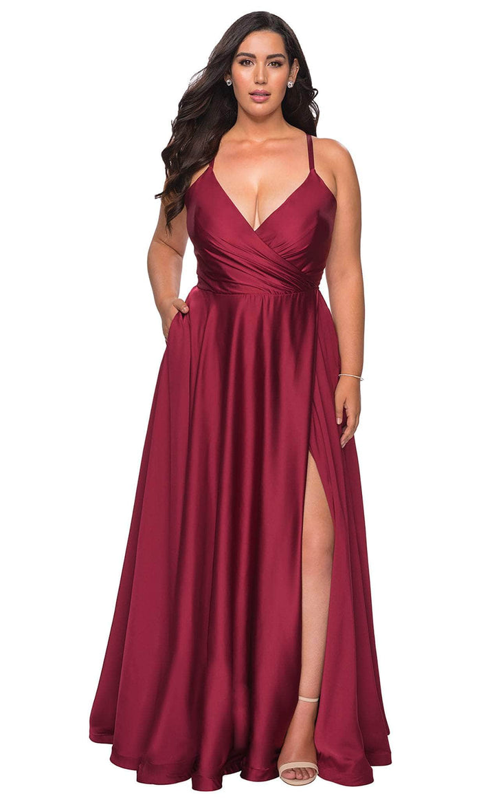 La Femme - 29033 Plunging V-neck Satin A-line Gown Evening Dresses 12W / Wine