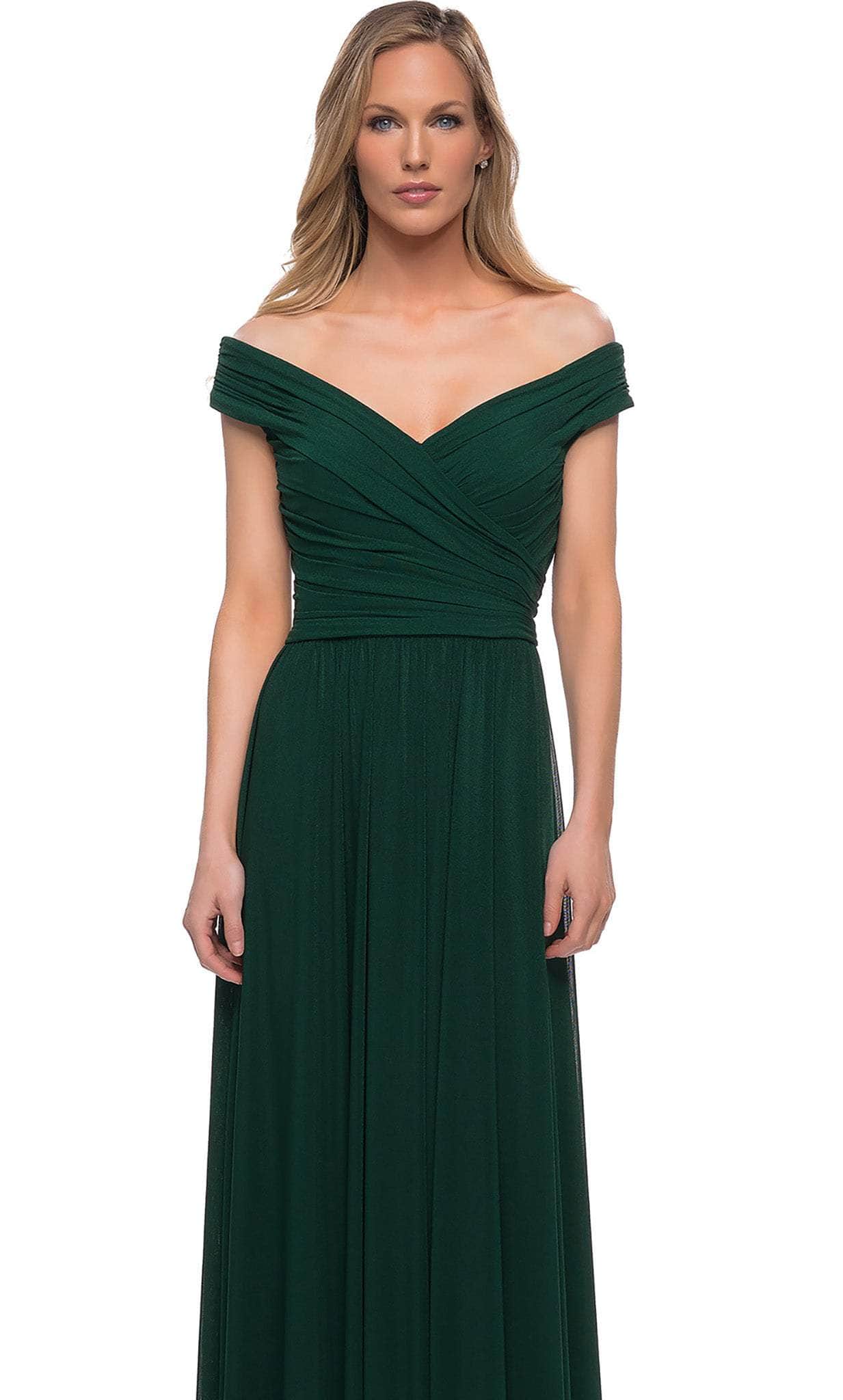 La Femme Off the Shoulder Net Jersey Long Dress with Ruching - Blue - 10 La Femme Off the Shoulder Net Jersey Long Dress with Ruching - Blue - 10