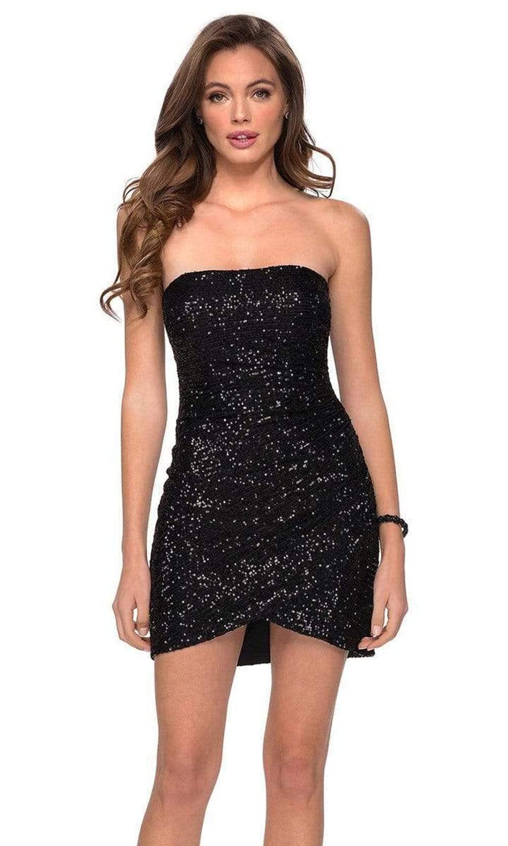 La Femme - 29410 Ruched Strapless Sequined Short Prom Dress La Femme - 29410 Ruched Strapless Sequined Short Prom Dress