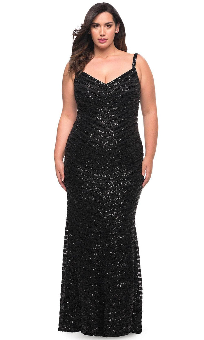 La Femme 29622 - V-Striped Evening Dress Special Occasion Dress 12W / Black
