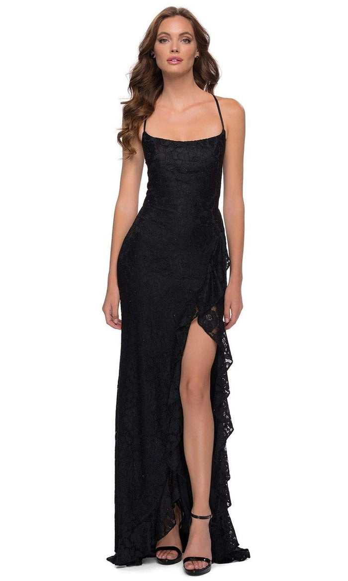 La Femme - 29650 Crisscross Strapped Open Back Ruffle Slit Lace Gown Special Occasion Dress 00 / Black