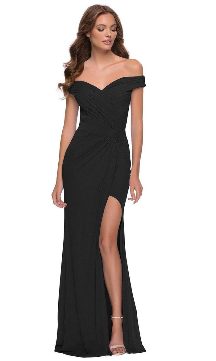 La Femme - 29756 Off Shoulder High Slit Fitted Net Jersey Gown Prom Dresses 00 / Black