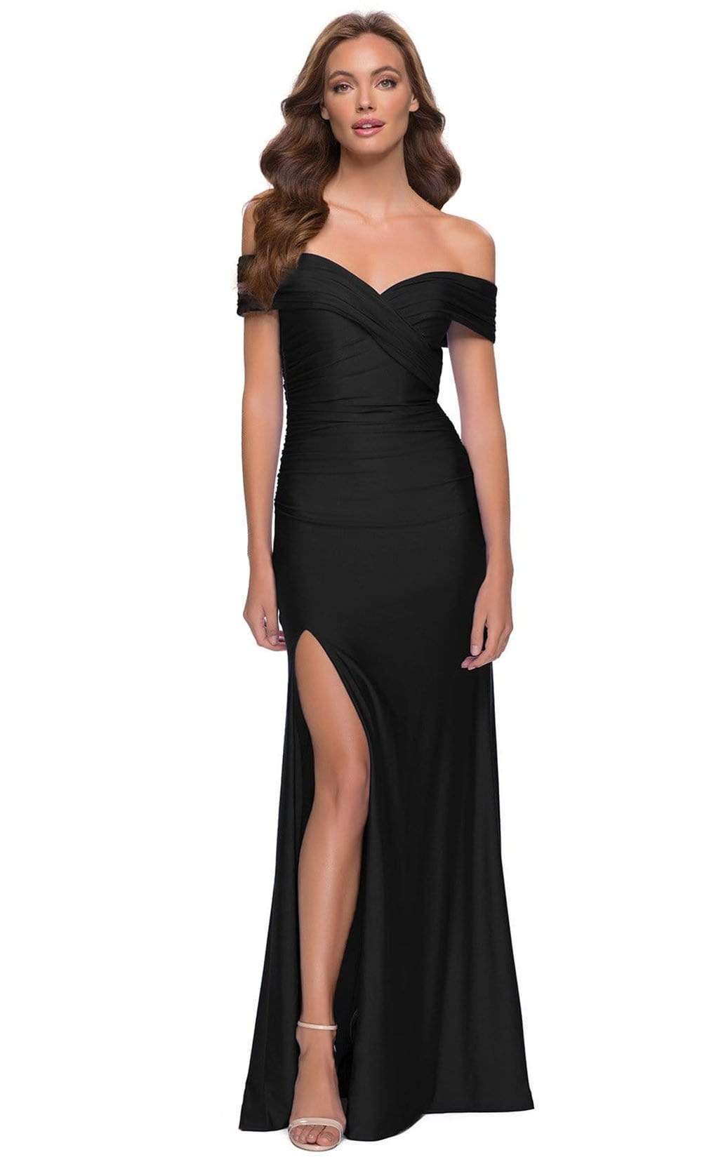 modest prom dress La Femme - 29781 Off Shoulder Long Sheath Modest Prom Dress 2 / Black