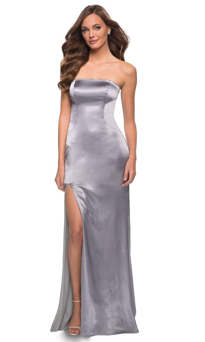La Femme - 29807 Strapless Fitted Stretch Satin Long Dress Prom Dresses 00 / Platinum