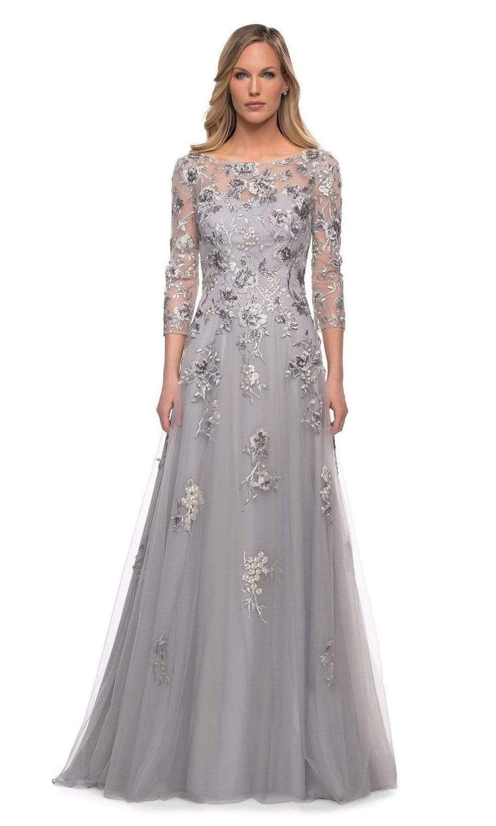 La Femme - 29825 Long Sleeve Mother of the Groom Tulle Gown 20 / Silver - Shop La Femme dresses on Couture Candy at CoutureCandy.com La Femme - 29825 Long Sleeve Mother of the Groom Tulle Gown 20 / Silver - Shop La Femme dresses on Couture Candy at CoutureCandy.com