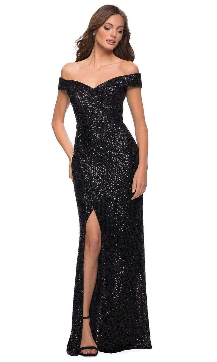 La Femme - 29831 Off Shoulder High Slit Full Sequin Gown Prom Dresses 2 / Black