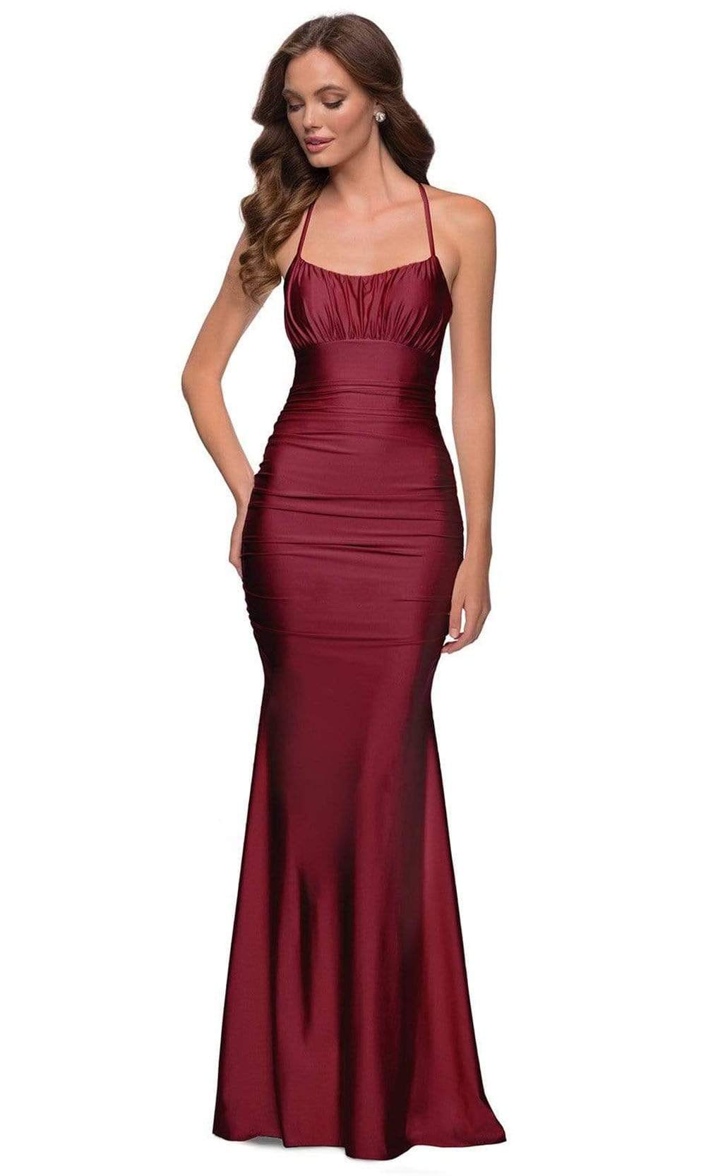 burgundy open back prom dress Mermaid V Neck Backless Burgundy Long Prom Dress with Appliques PG768 Custom Size / Burgundy
