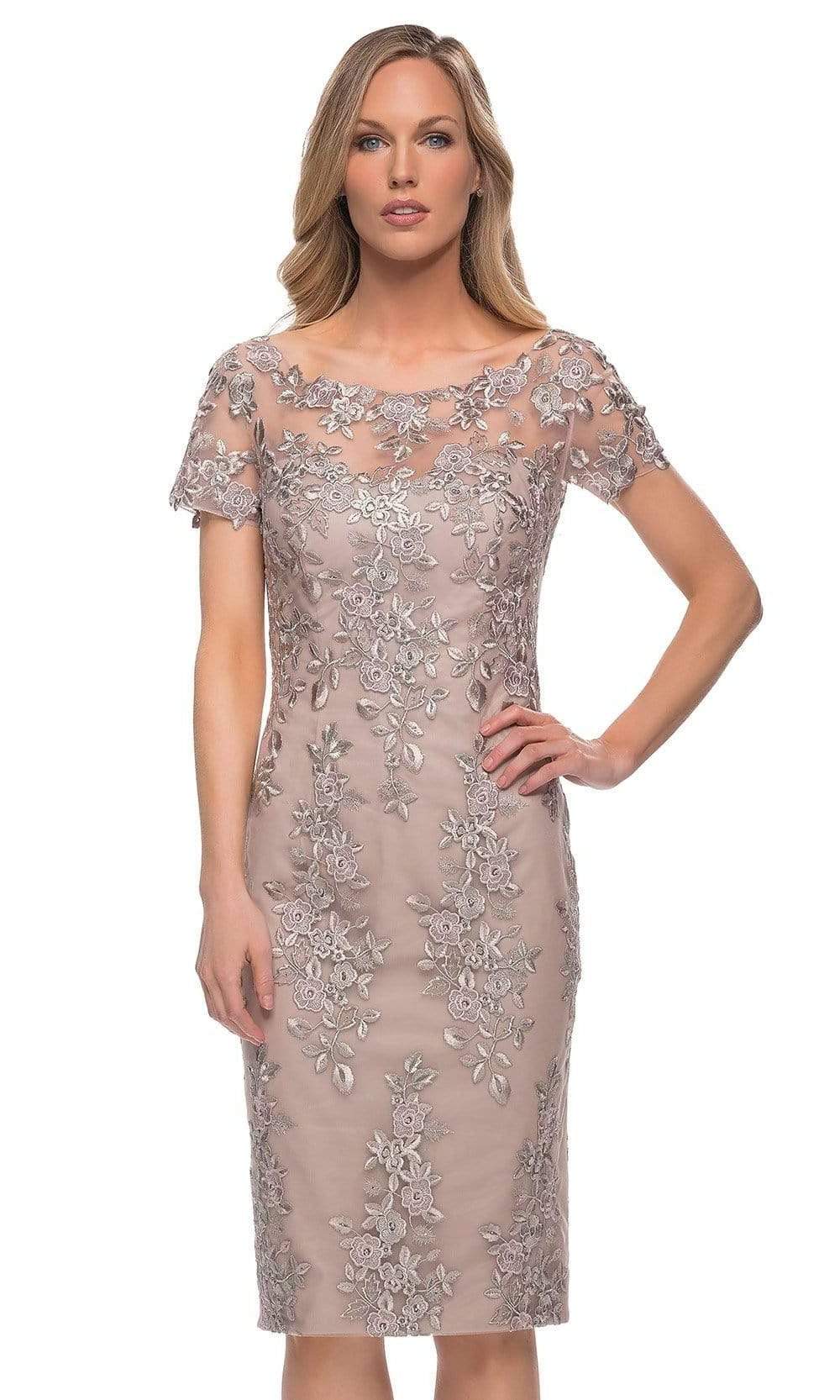 La Femme Short Sleeve Below the Knee Lace Dress - Brown - 12 La Femme Short Sleeve Below the Knee Lace Dress - Brown - 12