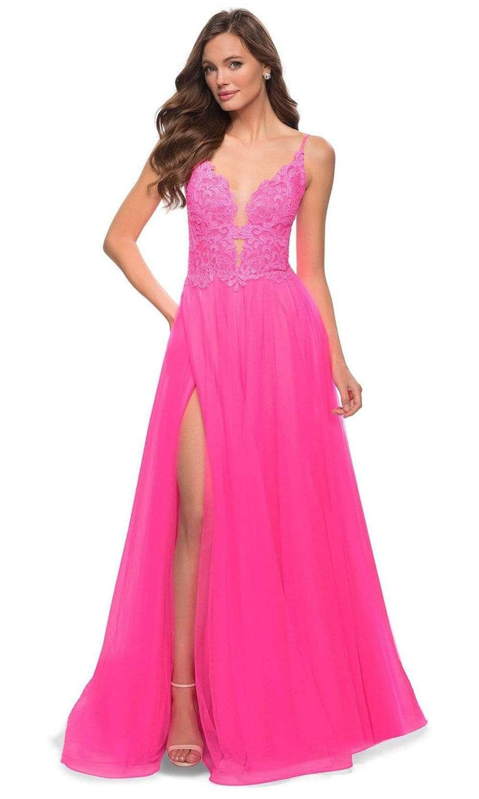 La Femme - 29964 Plunging V Neck A-Line Gown Prom Dresses 00 / Neon Pink