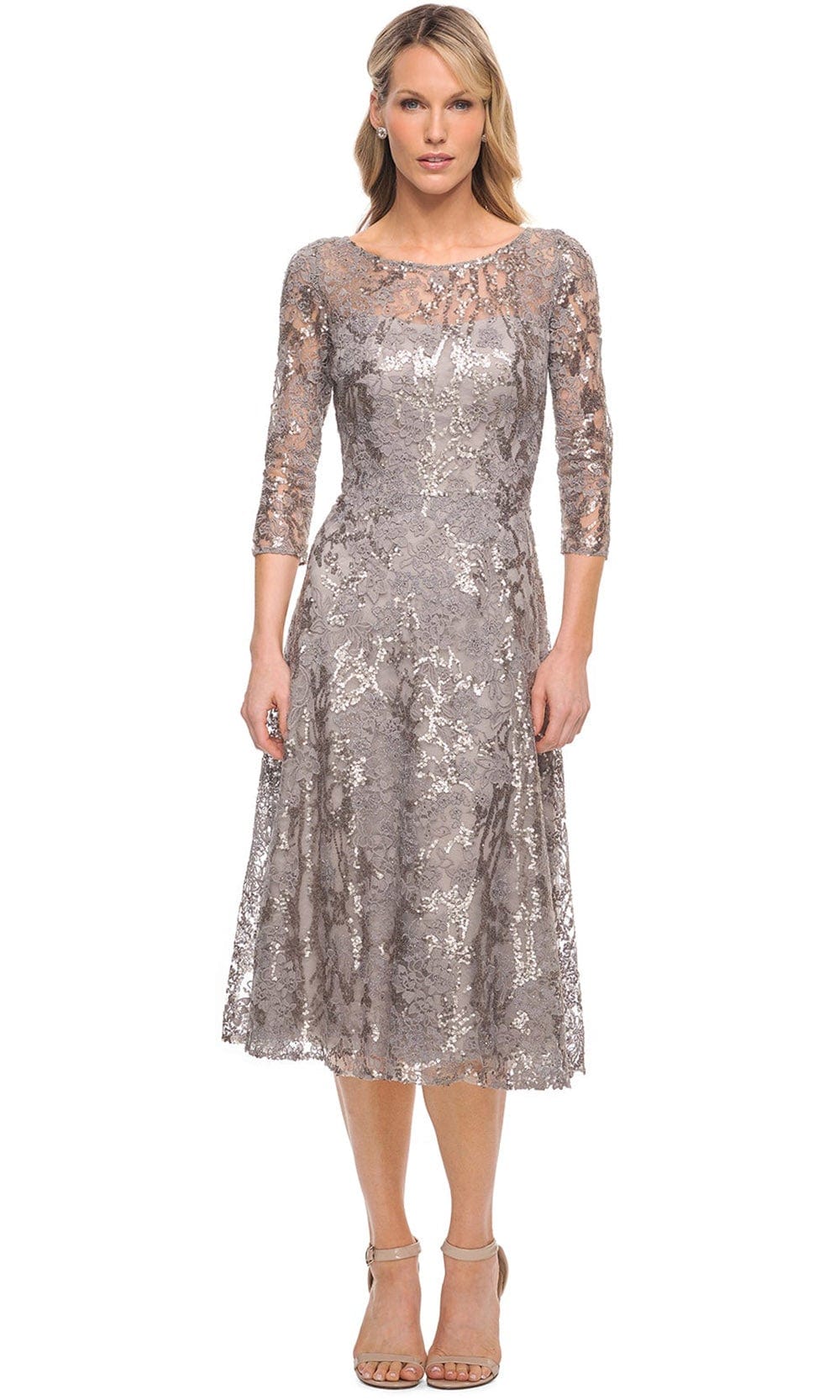La Femme - 29993 Illusioned Jewel Neckline Tea Length Dress | Tea Length A-line Dress La Femme - 29993 Illusioned Jewel Neckline Tea Length Dress | Tea Length A-line Dress