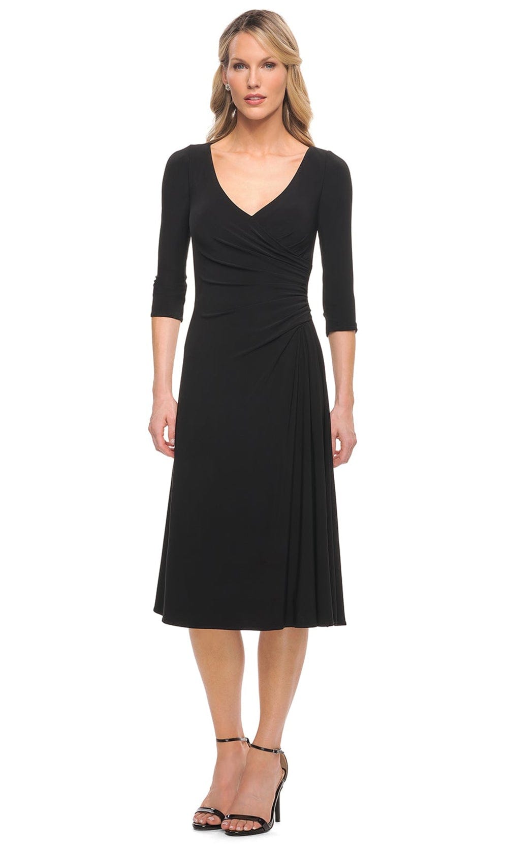 La Femme Women's Chic Tea Length Jersey Dress with Ruching - Blue - Casual dresses La Femme Women's Chic Tea Length Jersey Dress with Ruching - Blue - Casual dresses
