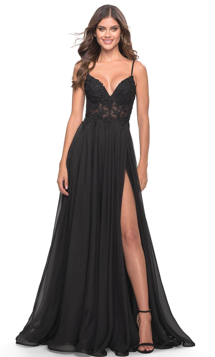 La Femme 30639 - Floral Lace V-Neck Evening Gown Special Occasion Dress 00 / Black