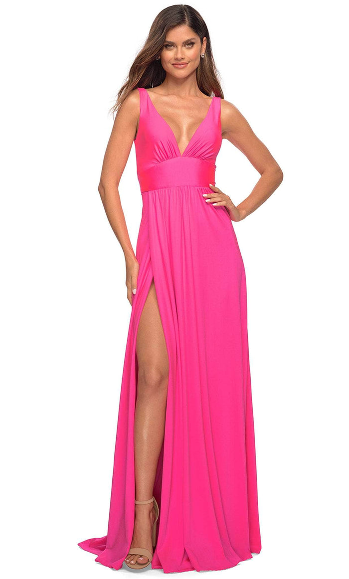 La Femme 30669 - Sleeveless High Slit Evening Gown Special Occasion Dress 00 / Neon Pink