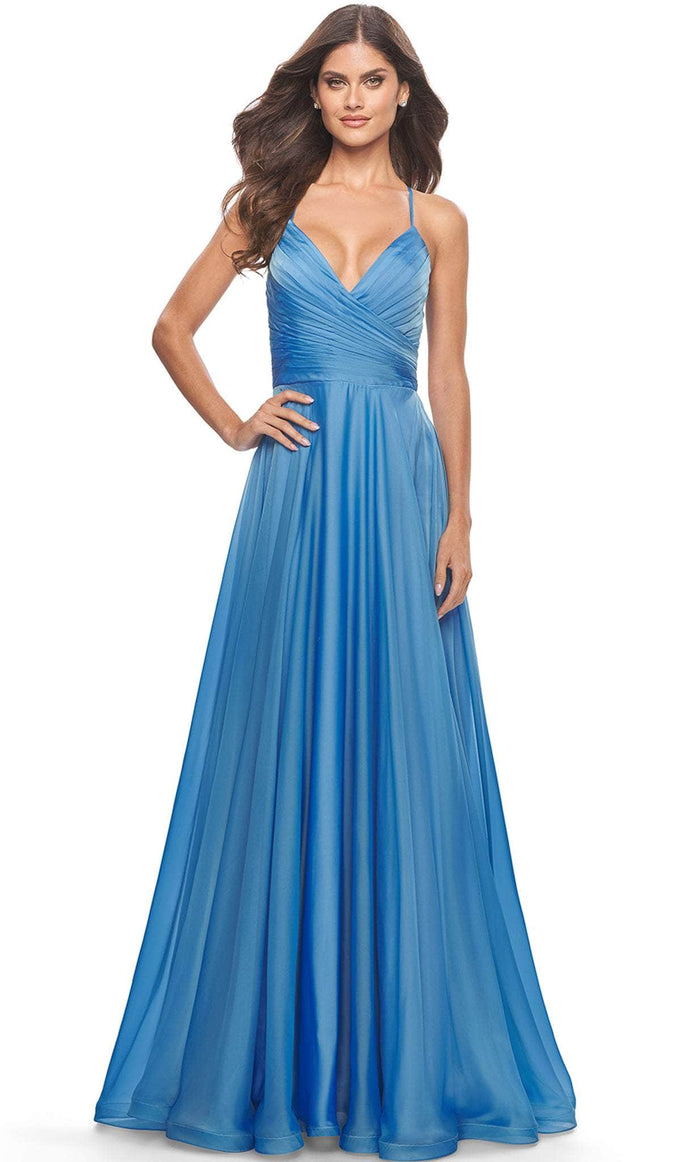 La Femme 30840 - Sleeveless A-Line Ruched Long Dress Special Occasion Dress 00 / Cloud Blue