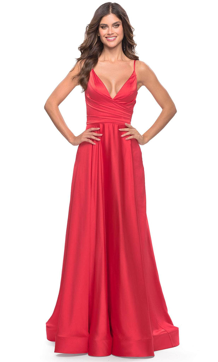 La Femme 31121 - Deep V-Neck Satin Prom Gown Special Occasion Dress 00 / Hot Coral